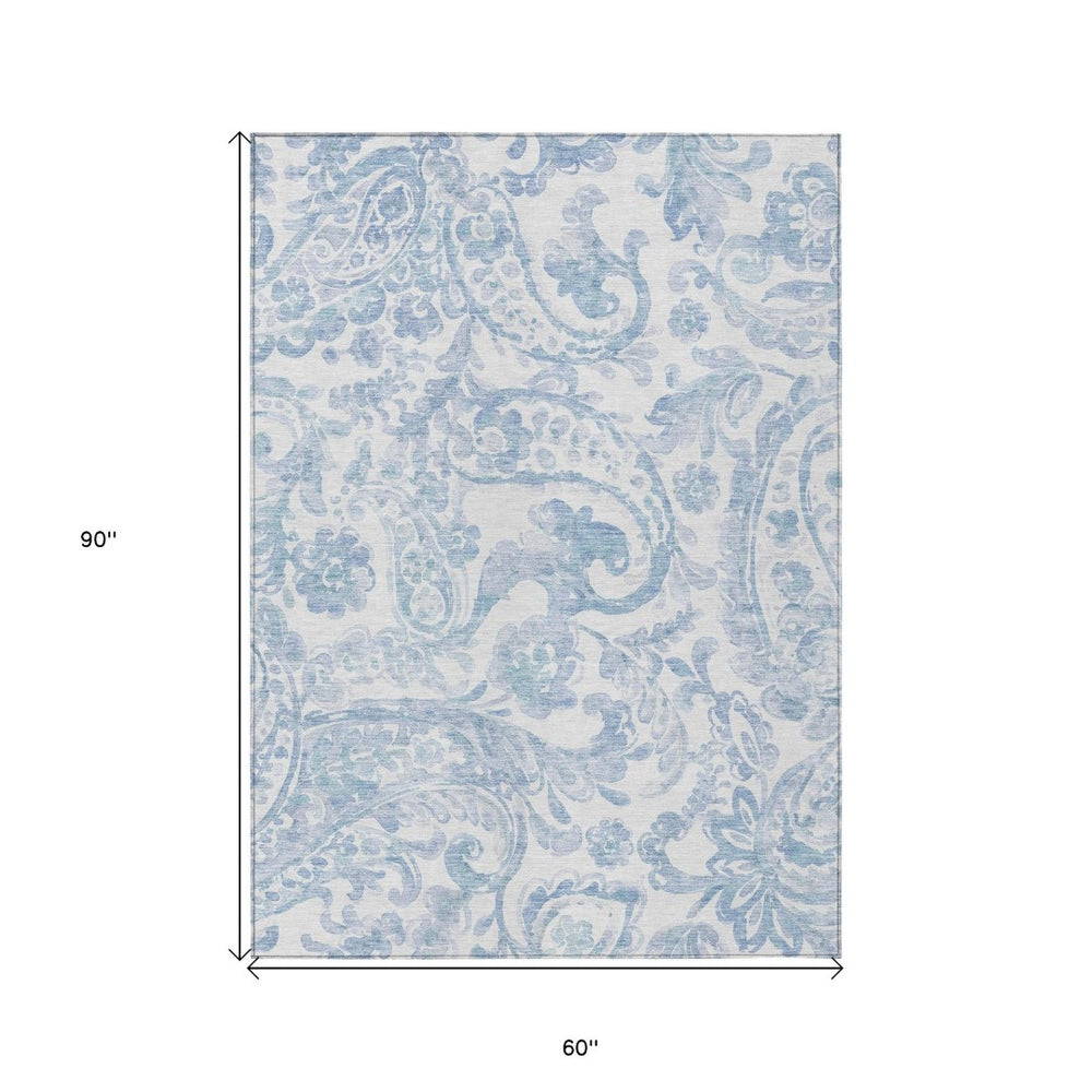 HomeRoots 5' Indoor Outdoor Paisley Area Rug - Sky Blue, Denim Blue & Ivory - Durable, Washable & Stylish 5' X 8' 588661