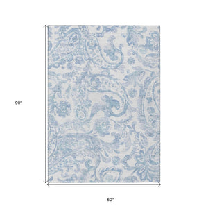 HomeRoots 5' Indoor Outdoor Paisley Area Rug - Sky Blue, Denim Blue & Ivory - Durable, Washable & Stylish 5' X 8' 588661