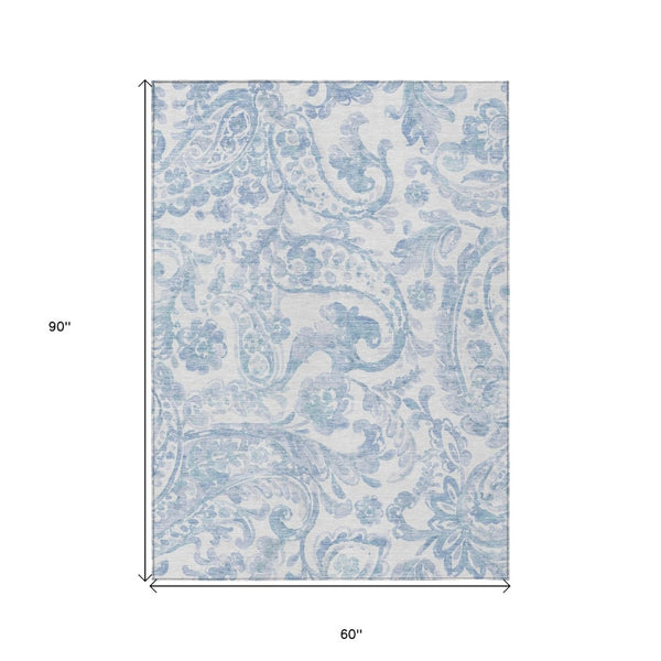 HomeRoots 5' Indoor Outdoor Paisley Area Rug - Sky Blue, Denim Blue & Ivory - Durable, Washable & Stylish 5' X 8' 588661
