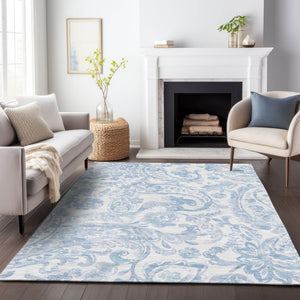HomeRoots 5' Indoor Outdoor Paisley Area Rug - Sky Blue, Denim Blue & Ivory - Durable, Washable & Stylish 5' X 8' 588661