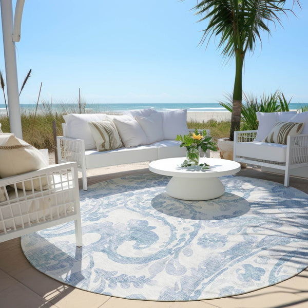 HomeRoots 5' Indoor Outdoor Paisley Area Rug - Sky Blue, Denim Blue & Ivory - Durable, Washable & Stylish 8' Round 588662