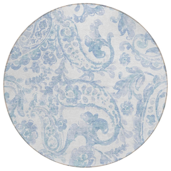 HomeRoots 5' Indoor Outdoor Paisley Area Rug - Sky Blue, Denim Blue & Ivory - Durable, Washable & Stylish 8' Round 588662