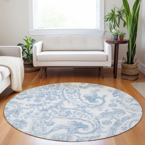 HomeRoots 5' Indoor Outdoor Paisley Area Rug - Sky Blue, Denim Blue & Ivory - Durable, Washable & Stylish 8' Round 588662