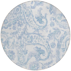 HomeRoots 5' Indoor Outdoor Paisley Area Rug - Sky Blue, Denim Blue & Ivory - Durable, Washable & Stylish 8' Round 588662