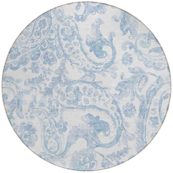 HomeRoots 5' Indoor Outdoor Paisley Area Rug - Sky Blue, Denim Blue & Ivory - Durable, Washable & Stylish 8' Round 588662