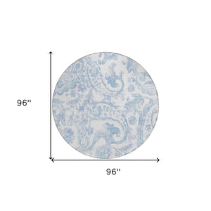 HomeRoots 5' Indoor Outdoor Paisley Area Rug - Sky Blue, Denim Blue & Ivory - Durable, Washable & Stylish 8' Round 588662