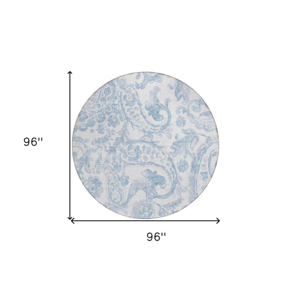 HomeRoots 5' Indoor Outdoor Paisley Area Rug - Sky Blue, Denim Blue & Ivory - Durable, Washable & Stylish 8' Round 588662