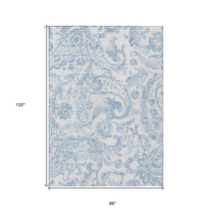 HomeRoots 5' Indoor Outdoor Paisley Area Rug - Sky Blue, Denim Blue & Ivory - Durable, Washable & Stylish 8' X 10' 588663