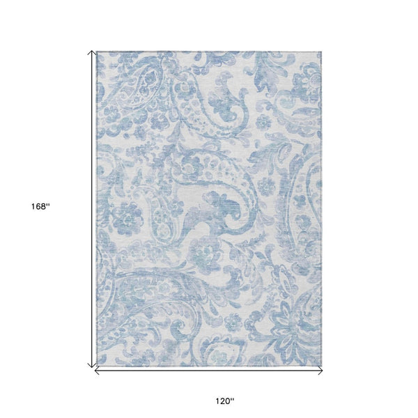HomeRoots 5' Indoor Outdoor Paisley Area Rug - Sky Blue, Denim Blue & Ivory - Durable, Washable & Stylish 10' X 14' 588665