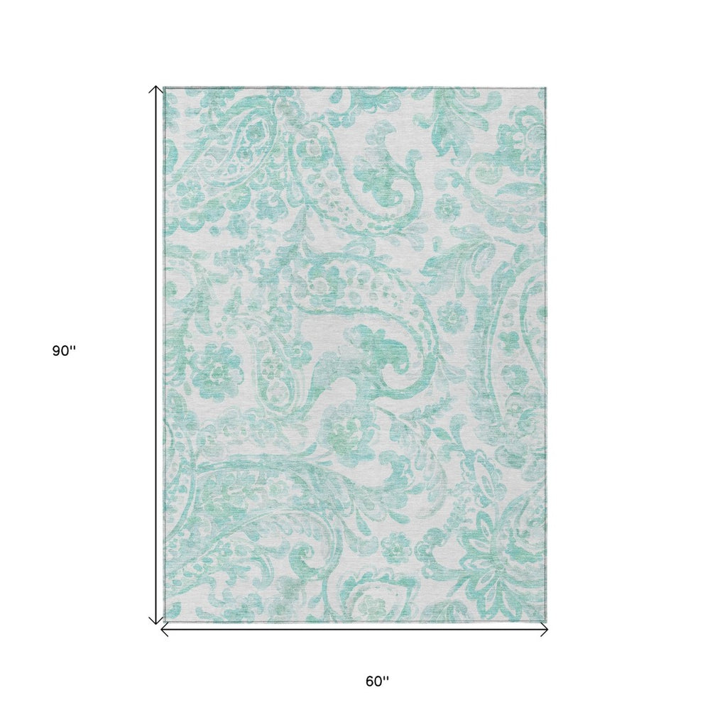 HomeRoots 5' Vibrant Turquoise and Ivory Paisley Area Rug - Durable, Washable Design for Indoor or Outdoor Use 5' X 8' 588667