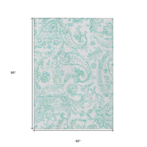 HomeRoots 5' Vibrant Turquoise and Ivory Paisley Area Rug - Durable, Washable Design for Indoor or Outdoor Use 5' X 8' 588667