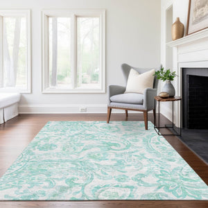 HomeRoots 5' Vibrant Turquoise and Ivory Paisley Area Rug - Durable, Washable Design for Indoor or Outdoor Use 5' X 8' 588667