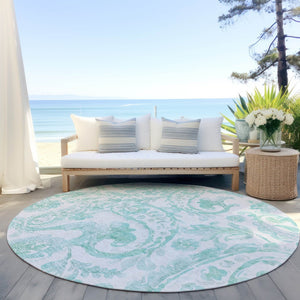 HomeRoots 5' Vibrant Turquoise and Ivory Paisley Area Rug - Durable, Washable Design for Indoor or Outdoor Use 8' Round 588668