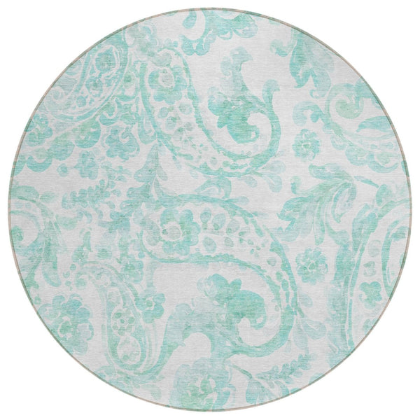 HomeRoots 5' Vibrant Turquoise and Ivory Paisley Area Rug - Durable, Washable Design for Indoor or Outdoor Use 8' Round 588668