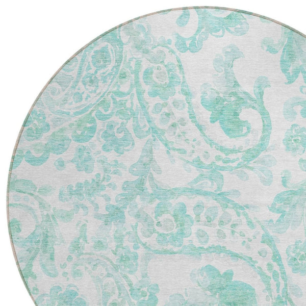 HomeRoots 5' Vibrant Turquoise and Ivory Paisley Area Rug - Durable, Washable Design for Indoor or Outdoor Use 8' Round 588668
