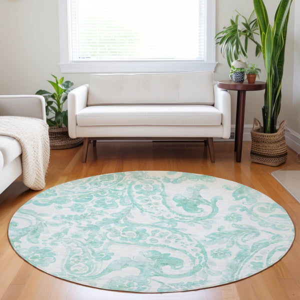 HomeRoots 5' Vibrant Turquoise and Ivory Paisley Area Rug - Durable, Washable Design for Indoor or Outdoor Use 8' Round 588668