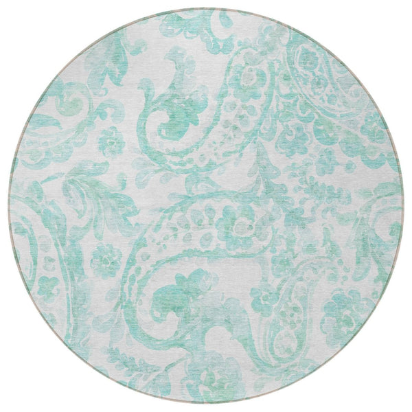 HomeRoots 5' Vibrant Turquoise and Ivory Paisley Area Rug - Durable, Washable Design for Indoor or Outdoor Use 8' Round 588668