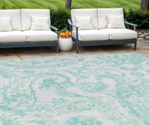 HomeRoots 5' Vibrant Turquoise and Ivory Paisley Area Rug - Durable, Washable Design for Indoor or Outdoor Use 8' X 10' 588669