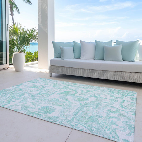 HomeRoots 5' Vibrant Turquoise and Ivory Paisley Area Rug - Durable, Washable Design for Indoor or Outdoor Use 8' X 10' 588669