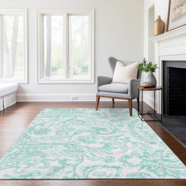 HomeRoots 9' Turquoise and Ivory Paisley Area Rug - Durable, Washable Design for Indoor and Outdoor Spaces 9' X 12' 588670
