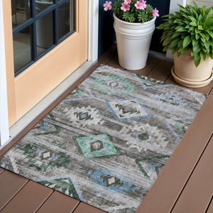 Homeroots 3' Brown Beige And Blue Southwestern Washable Area Rug For Indoor Outdoor Spaces, Durable Design 3' X 5' Polyester 588672