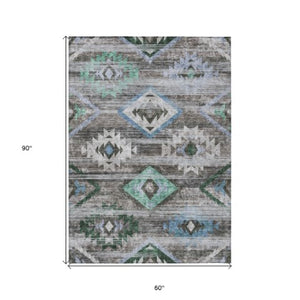 Homeroots 3' Brown Beige And Blue Southwestern Washable Area Rug For Indoor Outdoor Spaces, Durable Design 5' X 8' Polyester 588673