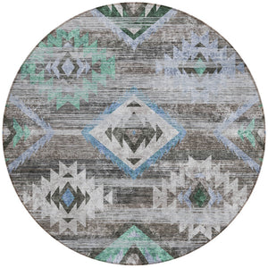 Homeroots 3' Brown Beige And Blue Southwestern Washable Area Rug For Indoor Outdoor Spaces, Durable Design 8' Round Polyester 588674