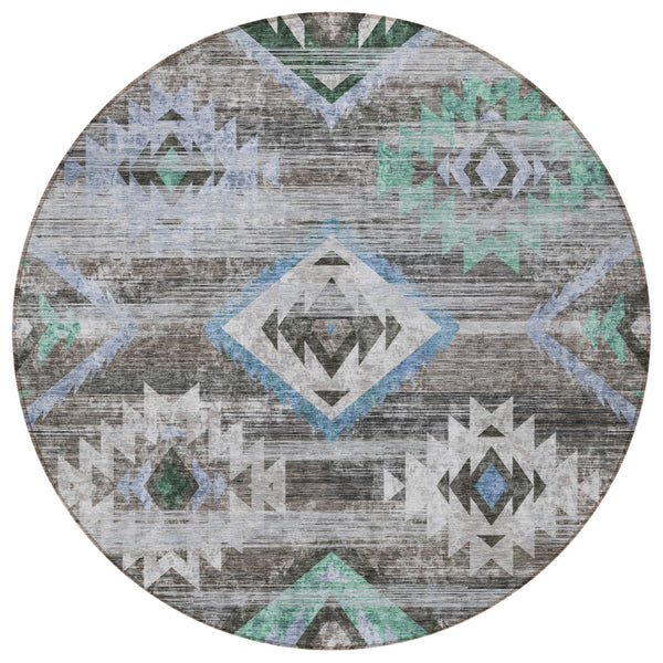 Homeroots 3' Brown Beige And Blue Southwestern Washable Area Rug For Indoor Outdoor Spaces, Durable Design 8' Round Polyester 588674