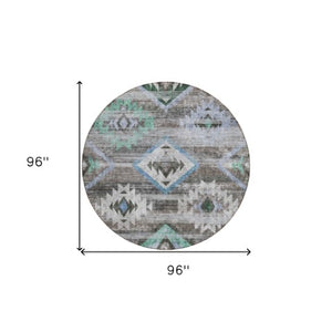 Homeroots 3' Brown Beige And Blue Southwestern Washable Area Rug For Indoor Outdoor Spaces, Durable Design 8' Round Polyester 588674