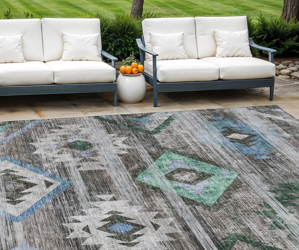 Homeroots 3' Brown Beige And Blue Southwestern Washable Area Rug For Indoor Outdoor Spaces, Durable Design 8' X 10' Polyester 588675