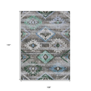 Homeroots 3' Brown Beige And Blue Southwestern Washable Area Rug For Indoor Outdoor Spaces, Durable Design 9' X 12' Polyester 588676