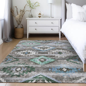 Homeroots 3' Brown Beige And Blue Southwestern Washable Area Rug For Indoor Outdoor Spaces, Durable Design 10' X 14' Polyester 588677