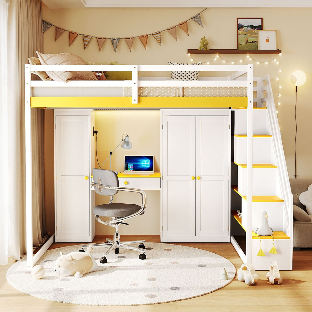 English Elm Full Size Teen Loft Bed with Staircase Shelves Wardrobe Vanity and Led Lighting LT000276AAL