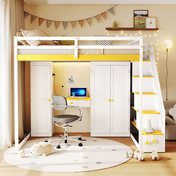 English Elm Full Size Teen Loft Bed with Staircase Shelves Wardrobe Vanity and Led Lighting LT000276AAL