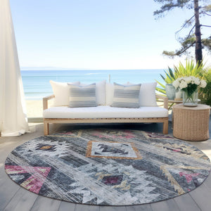 Homeroots 3' Brown Beige And Blue Southwestern Washable Area Rug For Indoor Outdoor Spaces, Durable Design 8' Round Polyester 588680