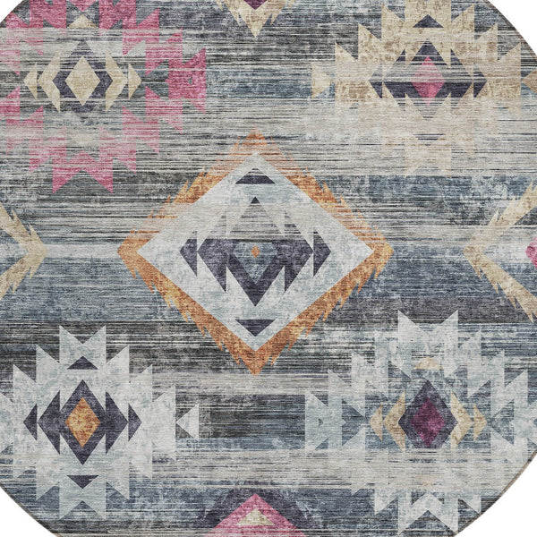 Homeroots 3' Brown Beige And Blue Southwestern Washable Area Rug For Indoor Outdoor Spaces, Durable Design 8' Round Polyester 588680
