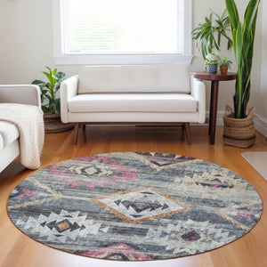 Homeroots 3' Brown Beige And Blue Southwestern Washable Area Rug For Indoor Outdoor Spaces, Durable Design 8' Round Polyester 588680