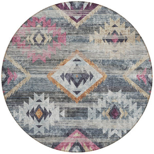 Homeroots 3' Brown Beige And Blue Southwestern Washable Area Rug For Indoor Outdoor Spaces, Durable Design 8' Round Polyester 588680