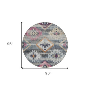 Homeroots 3' Brown Beige And Blue Southwestern Washable Area Rug For Indoor Outdoor Spaces, Durable Design 8' Round Polyester 588680