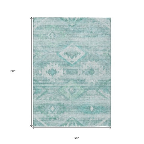 Homeroots 3' Aqua Turquoise Southwestern Area Rug - Stylish Washable Design For Indoor & Outdoor Use 3' X 5' Polyester 588684