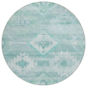 HomeRoots 5' Aqua Turquoise and Ivory Southwestern Area Rug - Durable, Washable Design for Indoor/Outdoor Use 8' Round 588686