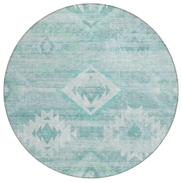 HomeRoots 5' Aqua Turquoise and Ivory Southwestern Area Rug - Durable, Washable Design for Indoor/Outdoor Use 8' Round 588686