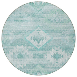Homeroots 3' Aqua Turquoise Southwestern Area Rug - Stylish Washable Design For Indoor & Outdoor Use 8' Round Polyester 588686
