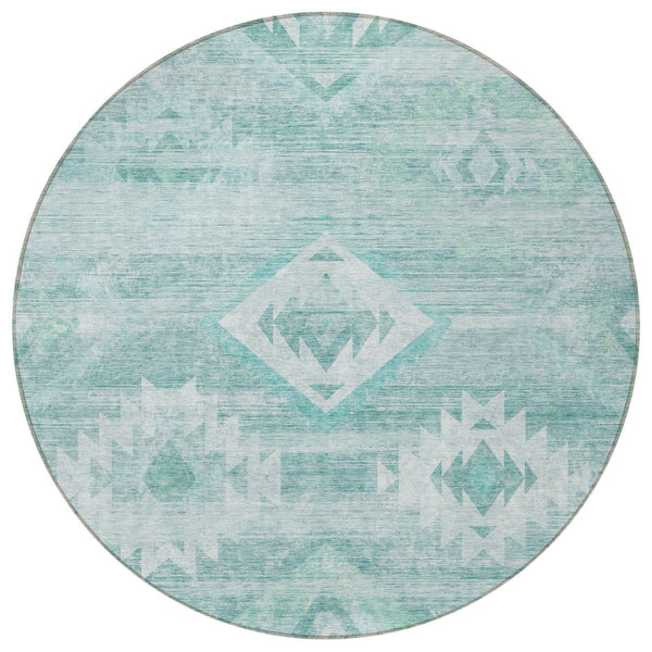 Homeroots 3' Aqua Turquoise Southwestern Area Rug - Stylish Washable Design For Indoor & Outdoor Use 8' Round Polyester 588686