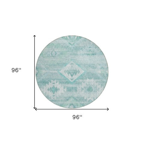Homeroots 3' Aqua Turquoise Southwestern Area Rug - Stylish Washable Design For Indoor & Outdoor Use 8' Round Polyester 588686