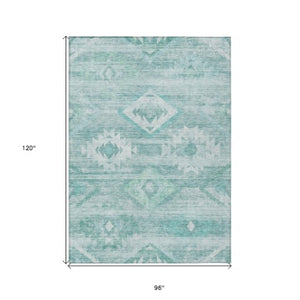 Homeroots 3' Aqua Turquoise Southwestern Area Rug - Stylish Washable Design For Indoor & Outdoor Use 8' X 10' Polyester 588687
