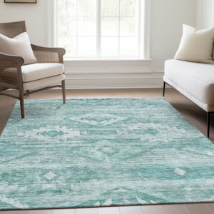 Homeroots 3' Aqua Turquoise Southwestern Area Rug - Stylish Washable Design For Indoor & Outdoor Use 8' X 10' Polyester 588687