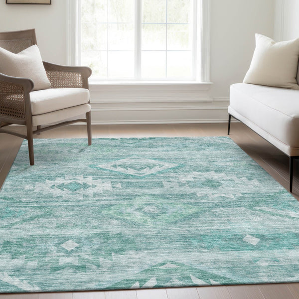 Homeroots 3' Aqua Turquoise Southwestern Area Rug - Stylish Washable Design For Indoor & Outdoor Use 8' X 10' Polyester 588687
