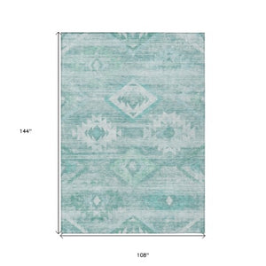 Homeroots 3' Aqua Turquoise Southwestern Area Rug - Stylish Washable Design For Indoor & Outdoor Use 9' X 12' Polyester 588688