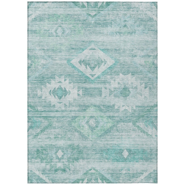 HomeRoots 5' Aqua Turquoise and Ivory Southwestern Area Rug - Durable, Washable Design for Indoor/Outdoor Use 10' X 14' 588689
